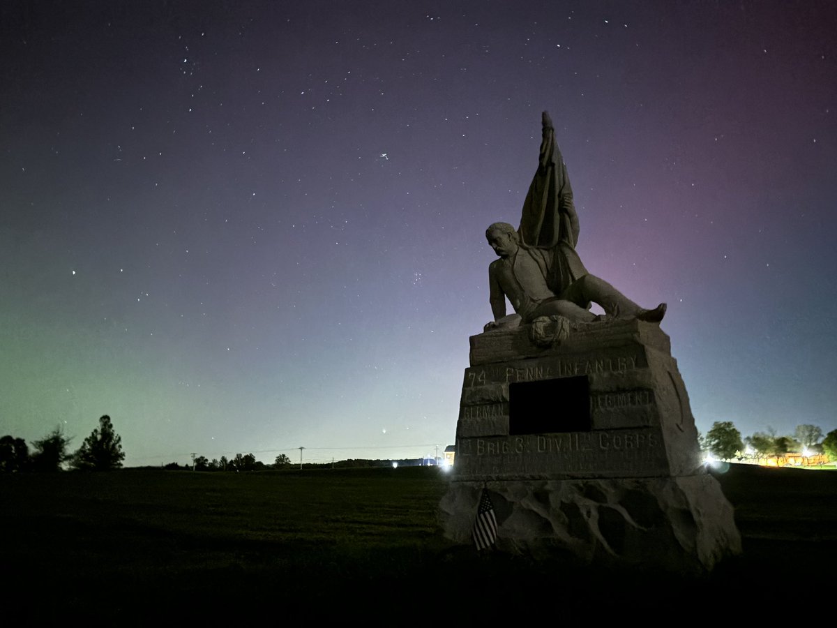 civilwarpgh's tweet photo. The 74th Pennsylvania Infantry monument seated beneath northern lights on the Gettysburg battlefield, October 2024. https://t.co/XJrLd57wwK