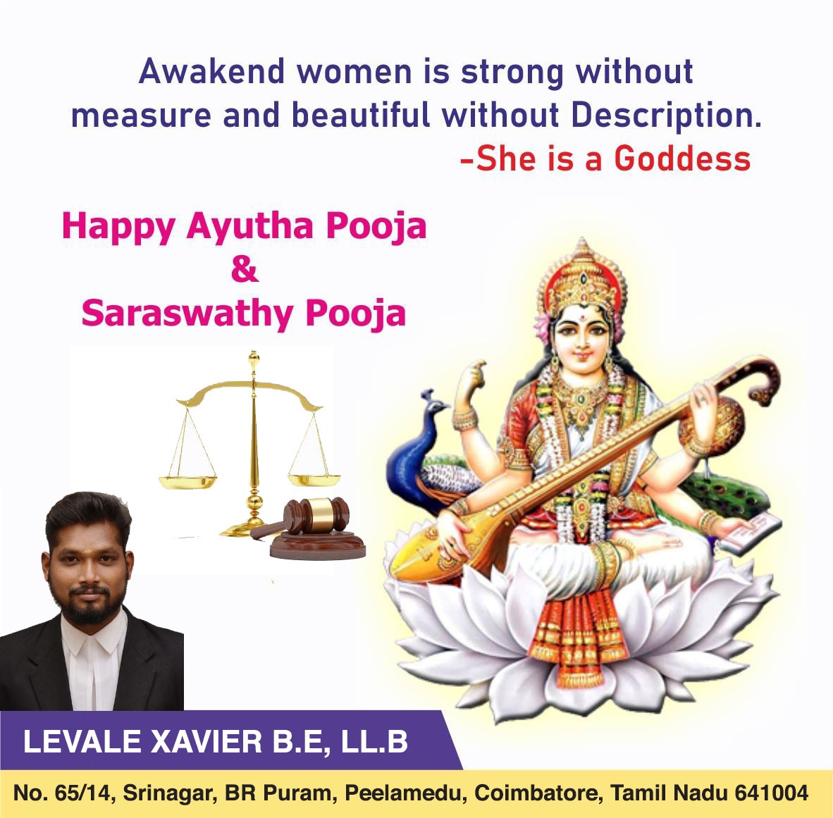 May the divine light spread knowledge and awaken the wisdom in every being for a better tomorrow. #saraswatipuja
Happy Saraswathi &amp; Ayudha Puja.
#levalexavier #advocate #coimbatorelawyer #civillaw #criminallaw #cyberlaw