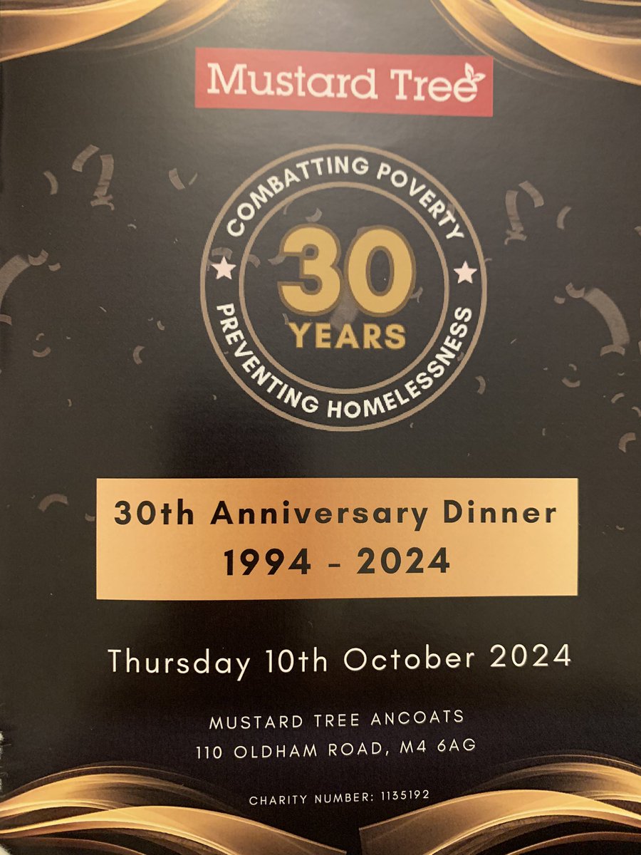 Great to spend tonight with brilliant people celebrating 30 years of <a href="/MustardTreeMCR/">Mustard Tree</a> &amp; hear about their transformational work combatting poverty, preventing homelessness, providing hope &amp; opportunities &amp; much more. Thanks <a href="/Jo_Walby/">Jo Walby</a> &amp; team for being wonderful partners in the city