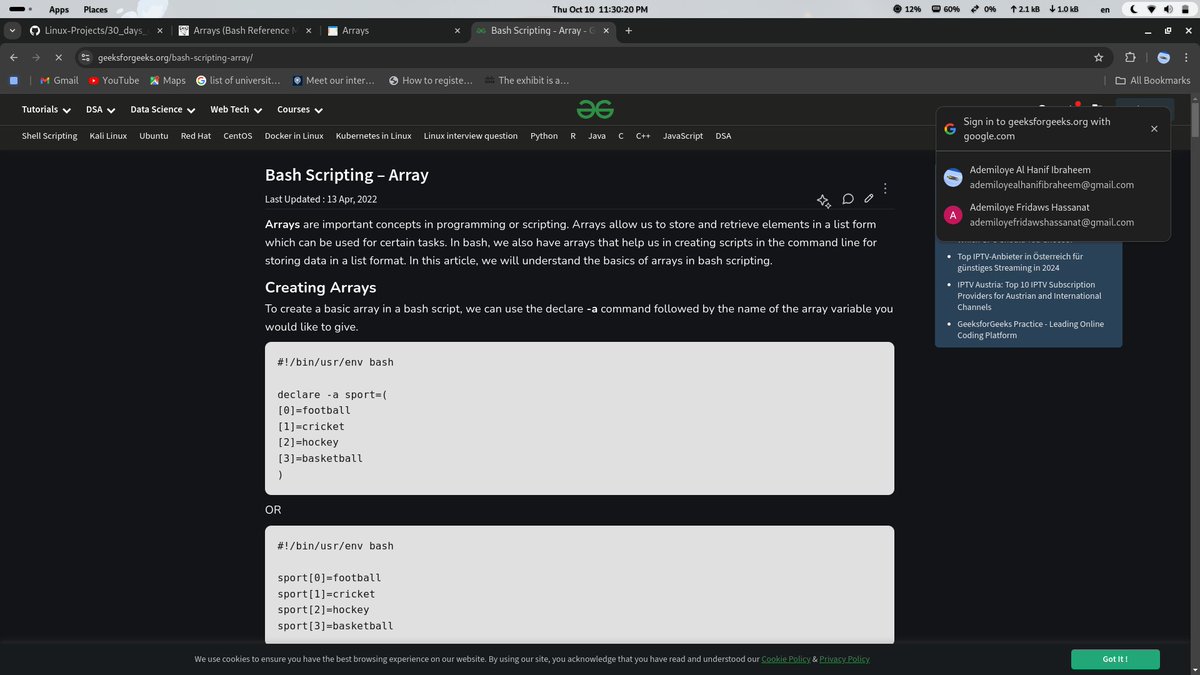IbraheemA50's tweet image. Day 9⃣ of #30daysofbashscripting
Today, I learnt about arrays { Allow users to store multiple values in a single variable}. Also , command to be use to create an arrays , add to an arrays, delete from an arrays also how Iterating Over Arrays.