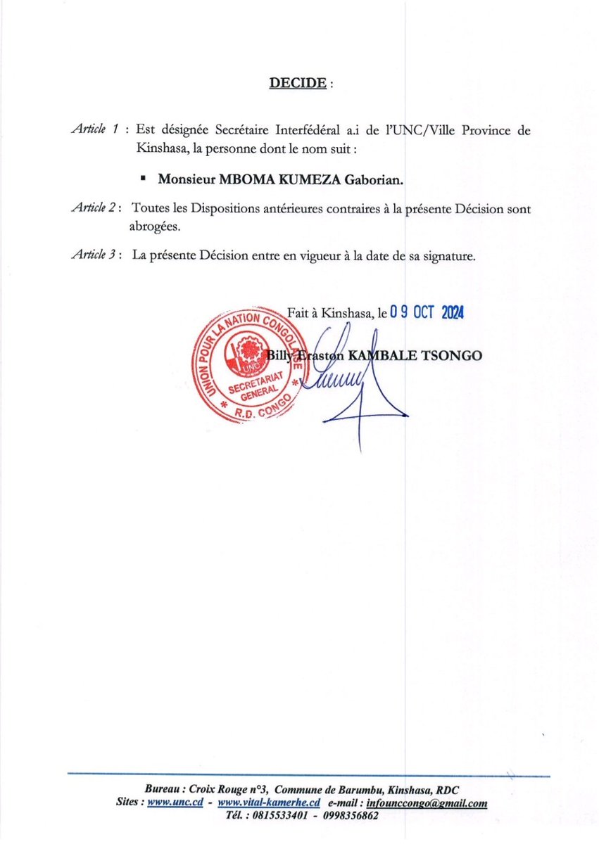 UNC_RDC Officiel (@uncrdc) on Twitter photo Décision portant désignation d'un Secrétaire Interfédéral ai/ Ville de Kinshasa,
l'Honorable <a href="/GaborienM/">Gaborian Mboma kumeza</a> Décision portant désignation d'un Secrétaire Interfédéral ai/ Ville de Kinshasa,
l'Honorable <a href="/GaborienM/">Gaborian Mboma kumeza</a>