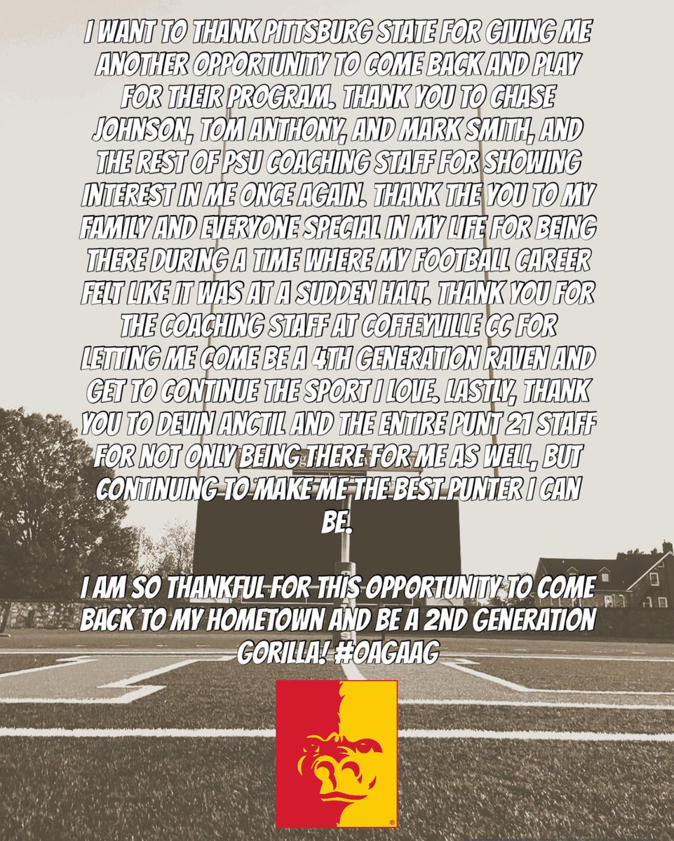 Committed!! Going Back Home!! ❤️💛

<a href="/GorillasFB/">Pitt State Football</a> <a href="/CoachCJohnson43/">Chase Johnson</a> <a href="/CoachTomAnthony/">Tom Anthony</a> <a href="/PSUCoachSmith/">Mark Smith</a> <a href="/CoachTEverett/">Coach Everett</a> <a href="/Coach_K_Goldman/">Kyle Goldman</a> <a href="/jordaan_17/">Jordan Hendy🌉</a>  <a href="/Red_Raven_FB/">Coffeyville Football</a> <a href="/coach_dobler/">Nick Dobler</a> <a href="/CoachMIT11/">Coach MIT</a> <a href="/CoachGibbs_/">Michael Gibbs</a> @CoachAjLocke <a href="/Coach_Oz1646/">Sean Osnowitz</a> <a href="/punt_21/">Punt 21 Kicking Services</a> <a href="/devin_anctil/">Devin Anctil</a> <a href="/ChazWrightTV/">Chaz Wright 🌵</a> <a href="/JohnDales_/">John Dales</a>