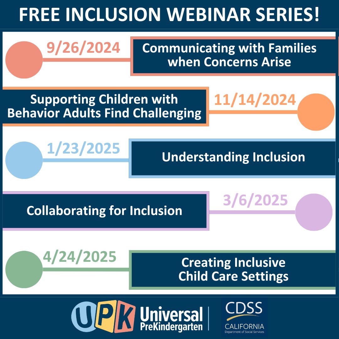 CAUniversalPreK's tweet image. The California Department of Social Services (CDSS) and WestEd are thrilled to bring you a series of FREE webinars to support inclusive practices as part of the Beginning Together project! 🎉 Register NOW! app.smartsheet.com/b/form/dc6bb2c…