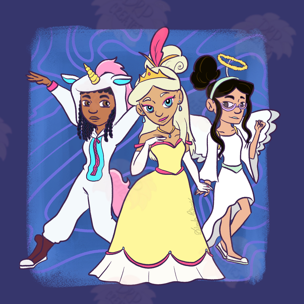 drpcreates's tweet photo. When I did my drawing last week, I forgot that last Friday was in October so I'm doing 3 weeks of my own OCtober. Continuing last year's version, by redrawing my OCs in halloween costumes. This week are my spy OCs Tara (unicorn), Simone (princess), and Rielee (angel). https://t.co/WodAUyV2Mq