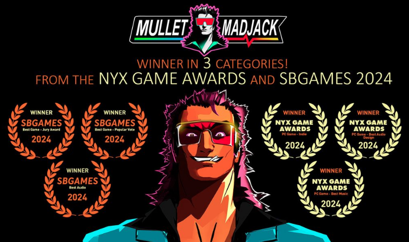 Last week was a blast for #MulletMadJack
We got Best Indie and Audio and Music at NYX and SBGames 2024!!!

LET'S KILL SOME ROBOTS! 

<a href="/mateuspolati/">Mat Polat</a>  <a href="/Laced_audio/">Laced</a>  <a href="/Hammer95studios/">MULLET MAD JACK OUT NOW! 97% on steam</a>