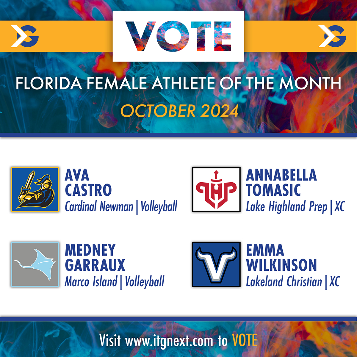 ITG Next - Florida (@itgnext_florida) on Twitter photo 🏅 It's time to vote for the October 2024 Florida Female Athlete of the Month!
Click here to vote now: itgnext.com/vote-itg-next-…
High School: <a href="/CNHSAthletics/">Colts Neck Athletics and Activities</a>
<a href="/LHPS_athletics/">Lake Highland Prep Athletics</a>
<a href="/LCSVikings/">Lakeland Christian</a>
Athletes: <a href="/acastro_vball/">Ava Castro</a> 🏅 It's time to vote for the October 2024 Florida Female Athlete of the Month!
Click here to vote now: itgnext.com/vote-itg-next-…
High School: <a href="/CNHSAthletics/">Colts Neck Athletics and Activities</a>
<a href="/LHPS_athletics/">Lake Highland Prep Athletics</a>
<a href="/LCSVikings/">Lakeland Christian</a>
Athletes: <a href="/acastro_vball/">Ava Castro</a>