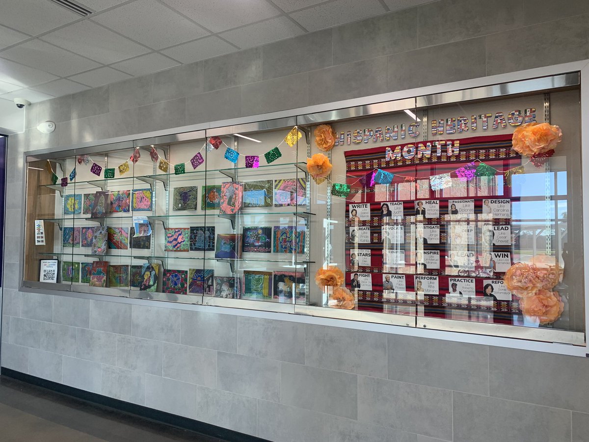 New art up on display at Cullen! 1st did a study of Caulder with organic shape paintings and fish mobiles! K studied Kahlo’s still life and created a Fruit collage. 4th learned about the Panama Mola and created chalk molas with their own designs. #artmatters <a href="/HaysFineArts/">Hays CISD Fine Arts</a>