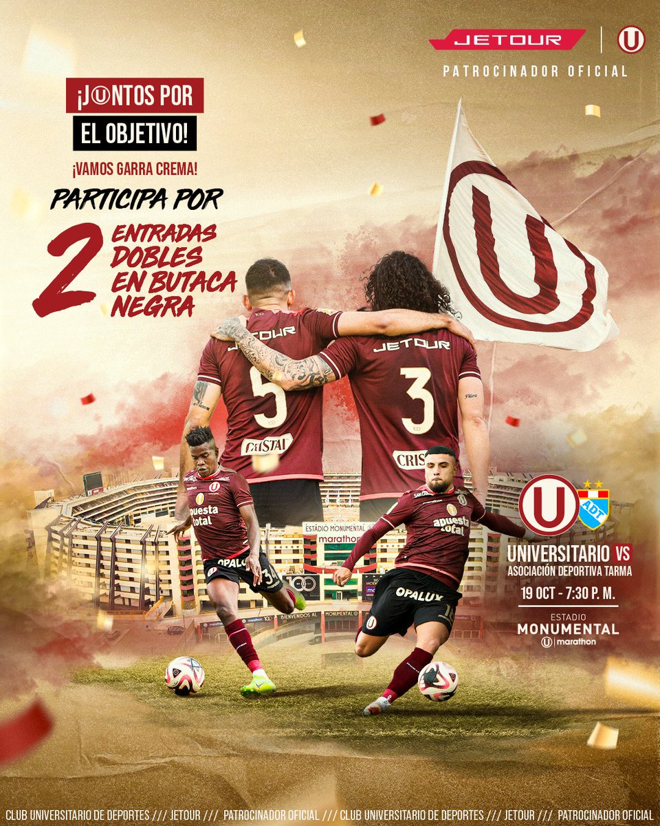JetourPeru's tweet photo. 𝗡𝗢 𝗩𝗢𝗬 𝗔 𝗣𝗔𝗥𝗔𝗥 𝗗𝗘 𝗔𝗟𝗘𝗡𝗧𝗔𝗥 🗣️🥁
Participa por dos entradas dobles en butaca negra.⭐
Sigue estos pasos:
1️⃣Sigue a @JetourPeru
2️⃣Comenta tu score del partido
3️⃣Etiqueta a 2 amigos cremas
¡El Club más querido y popular! 💛🎶 #YDaleU #YDaleJetoUr #LaGrandezaNosUne https://t.co/aGl6pOnDmS