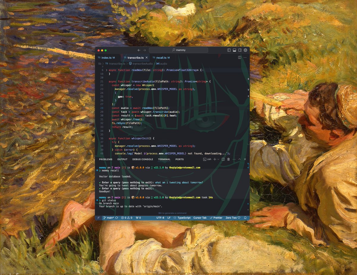 0xQTpie's tweet image. hi cuties, quick little cook: made a cli tool called memmy for recording and transcribing voice memos, that you can recall & chat with using an using an LLM. it's also 100% local, no APIs. video demo, code repo and more deets in the thread
