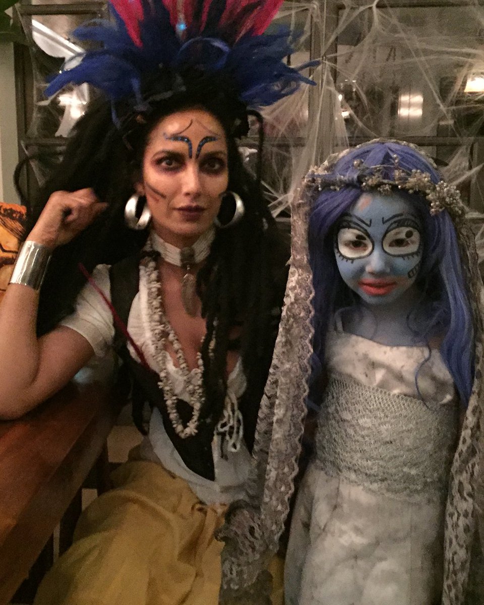 PadmaLakshmi's tweet photo. One of my favorite Halloweens when #Littlehands wanted to be Emily from Corpse Bride. @birgittephilippidesdelaney did her makeup, and I bought an old communion dress on eBay which I then trashed a bit with ashes in my fireplace. I got lace at B&J fabrics (also dirtied in the fireplace) which I hot glued to this wreath I already had. Then I glued heavy gems to the hem of the veil so that it would make a dramatic train behind her as she walked. By the time I was done with all of that, I only had the energy to throw on half of my jewelry and paint my face with leftover makeup. Shout out to @TuckG for the pumpkin!  Also shout out to @mjtrimming who I just found out are closing – they have been a real presence in mine and #littlehand's lives and we will miss it dearly.