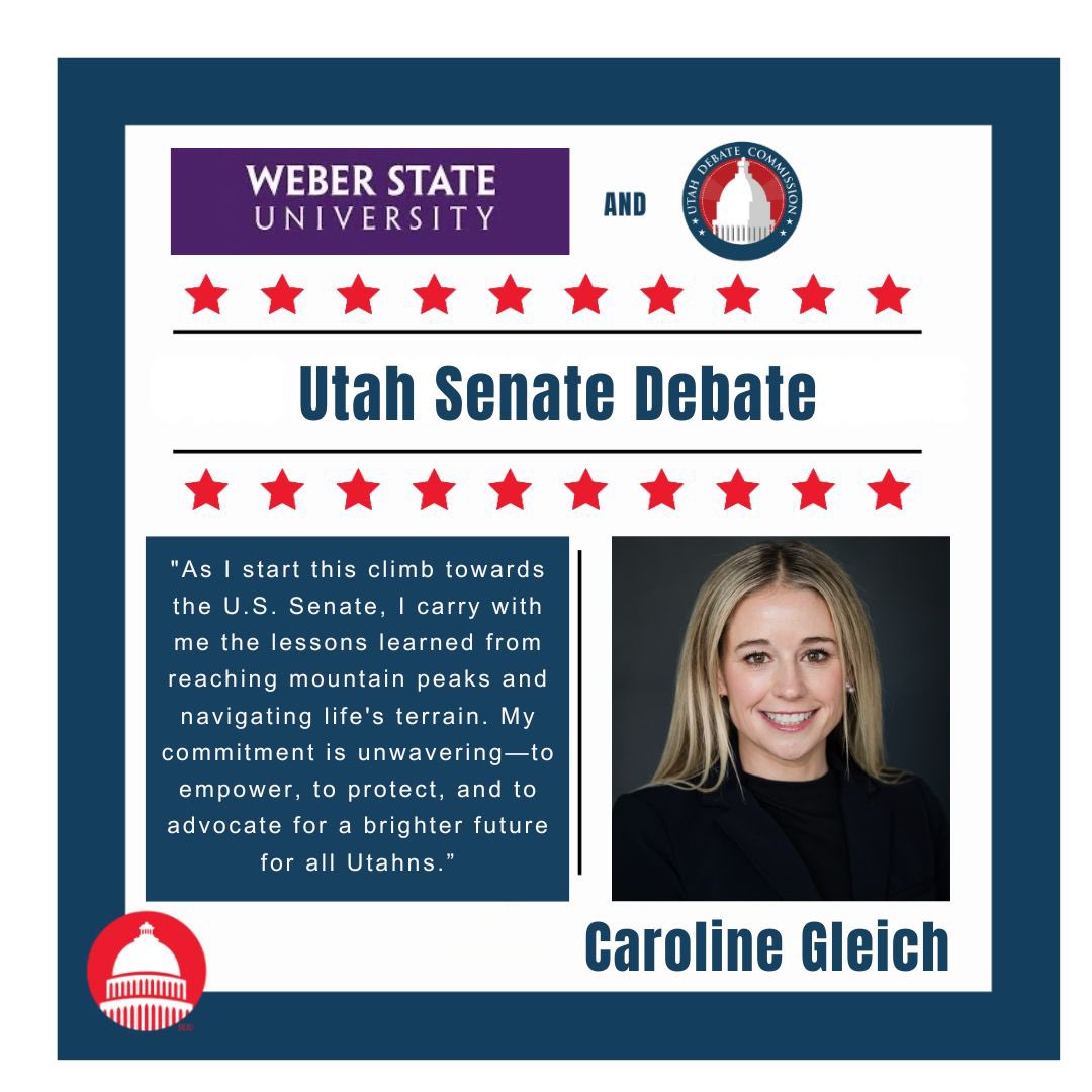 🎥 We’re going LIVE! The Utah Senate Debate is happening now at Weber State! 🗳️ Moderated by Glen Mills, featuring John Curtis, Caroline Gleich, and Carlton Bowen. Tune in! 🕕🔥 #UtahDebates #Vote2024 #CivicEngagement #UtahPolitics