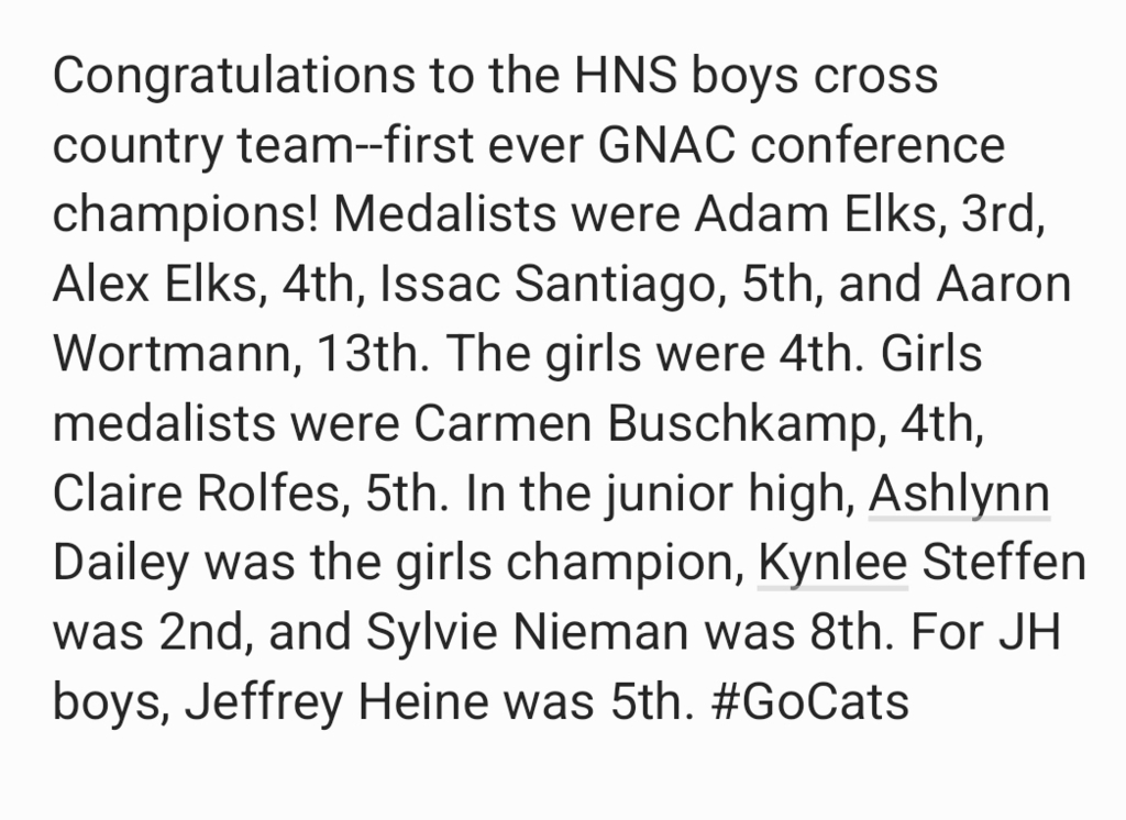 Congrats to the HNS boys cross country team...Greater Northeast Activities Conference Champions! #GoCats