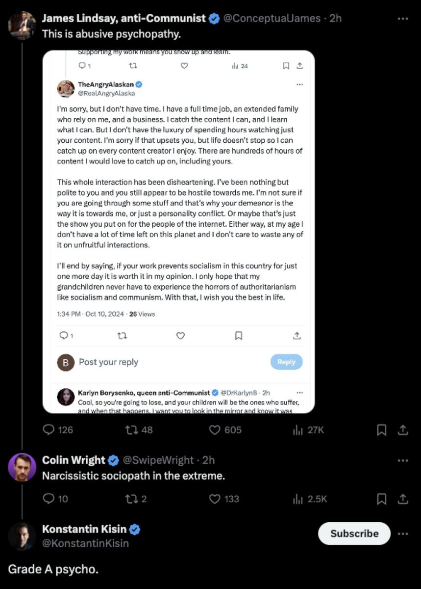 KarlynUpdates's tweet image. BREAKING NEWS: James Lindsay (@ConceptualJames) Colin Wright (@SwipeWright) + Konstantin Kisin(@KonstantinKisin) all denounce Karlyn as a dangerous narcisisst psychopath sociopath cause she uses primary source receipts from the far left to debunk their classical liberal narrative