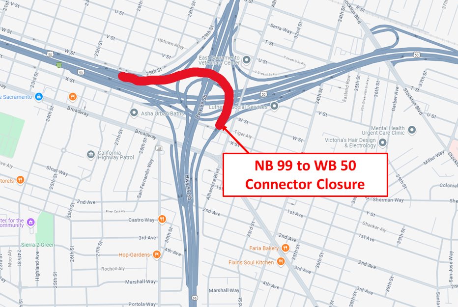 🦺 TRAFFIC ALERT REMINDER: “Fix50” Project has scheduled a 55-hour closure in <a href="/thecityofsac/">City of Sacramento</a> at NB SR-99 connector to WB US-50 from Friday, October 11 at 10 p.m. through Monday, October 14 at 5 a.m. Caltrans #Quickmap. For detours and details: conta.cc/3zOC65w