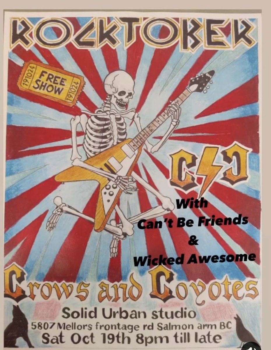 uptherocksa's tweet photo. Salmon Arm! October 19th Crows And Coyotes w/ Can’t Be Friends &amp; Wicked Awesome Free Show Solid Urban Studio All Ages, 8 PM https://t.co/Tb1L36Usa3