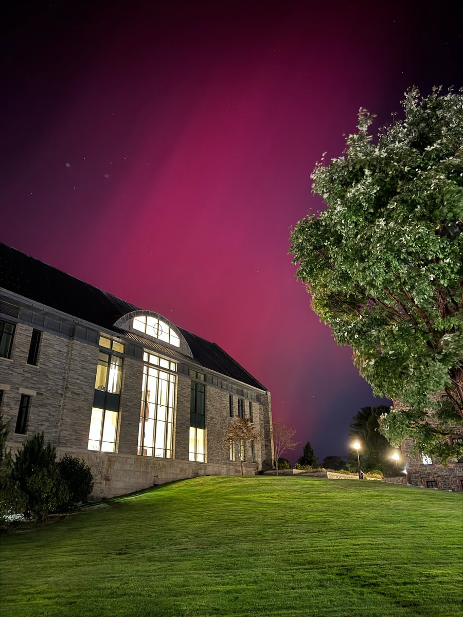 Kaleidoscope of pinks and burgundy against the night sky with the library in the background