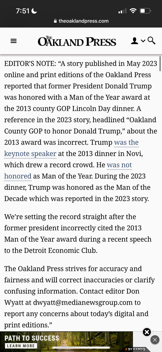 ddale8's tweet image. Today, as proof he really was named Man of the Year in Michigan years ago, Trump brandished a 2023 Oakland Press article in which a local GOP official said he got the award at a 2013 dinner…though, as I reported years ago, he did not get a Man of the Year award at that dinner.