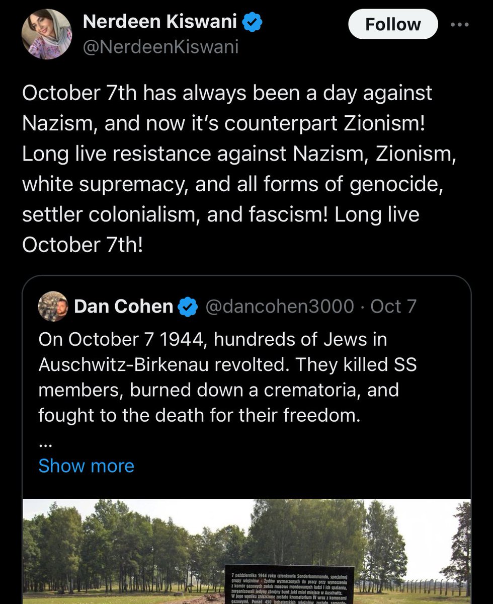NerdeenKiswani's tweet image. Journalistic malpractice for @nytimes author @sharonNYT to edit my tweet out of context when quoting me in this latest piece about Columbia university. 

Why not include the full tweet where October 7th is mentioned as a day of resistance against Nazism and Zionism? Too nuanced?