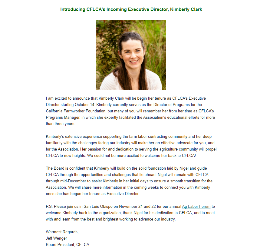 farm_labor's tweet photo. CFLCA welcomes Kimberly Clark as the new Executive Director! https://t.co/P3TVrUaqWw