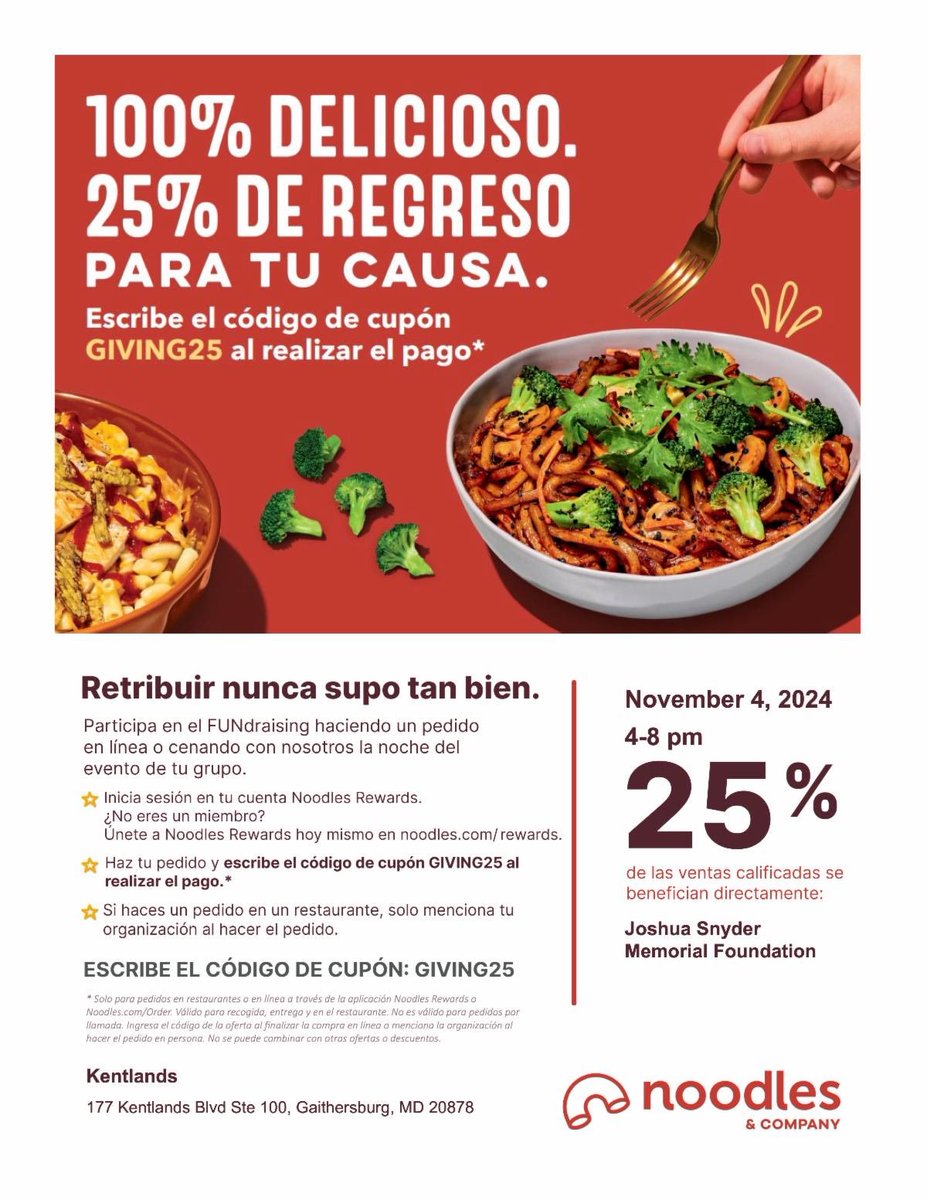 SAVE THE DATE: Head to Noodles in the Kentlands on November 4th between 4-8 PM