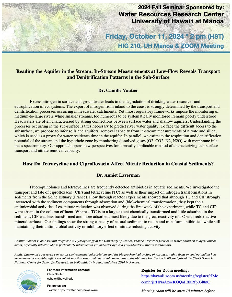 UH WRRC 2024 FALL SEMINAR  
Oct. 11, 2:00 pm–3:00 pm (HST)    

HIG 210, UH Mānoa Campus and Zoom

Please see flyer below for more details 

Zoom Registration:  hawaii.zoom.us/meeting/regist…