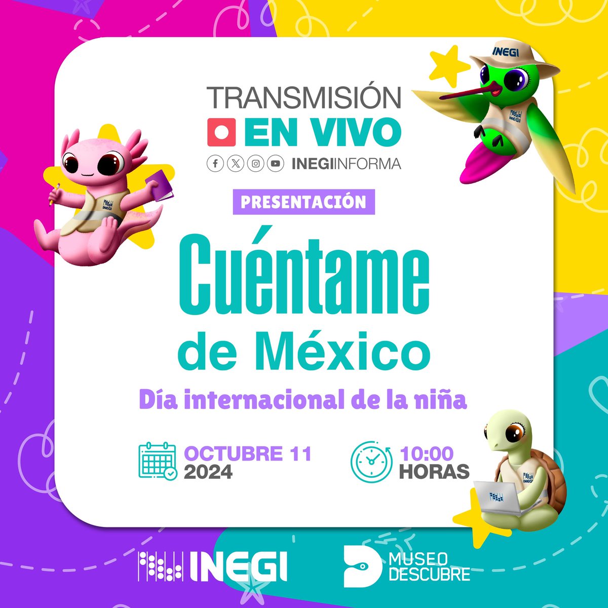 📢 No te pierdas la presentación del sitio «Cuéntame de México» en el Día internacional de la niña. 

🗓️ Octubre 11
🕙 10:00 horas 

🖥️ Sigue la transmisión #EnVivo por: youtube.com/live/KHuKfa0HD…

📊 Entra a: beta.cuentame.inegi.org.mx ¡y explóralo!