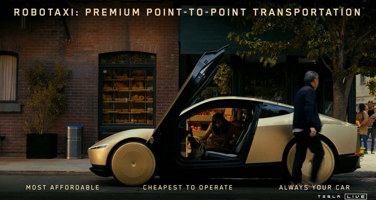 EstebenXR's tweet photo. Tesla unveils Robotaxi for the first time!

Costing less than $30k

Coming before 2027 according to Musk

#tesla https://t.co/p8whF0JefU
