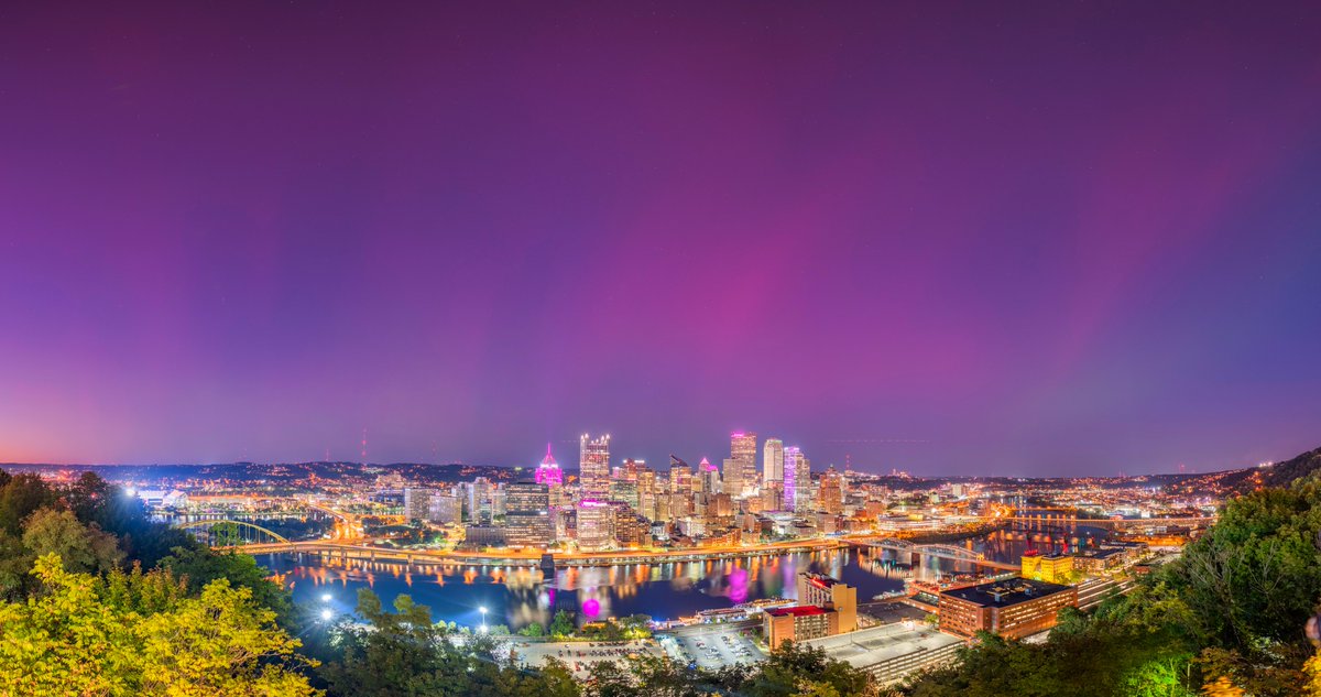 This is absolutely ridiculous. For the fourth time in five months, the Northern Lights are visible in #Pittsburgh. This view is from just after sunset, when it was visible  across the ENTIRE skyline, and even overhead. Cannot believe how vibrant it was. I may be out all night,