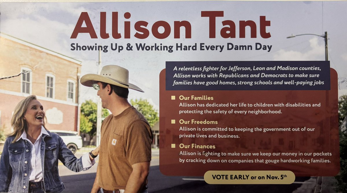 JimRosicaFL's tweet image. Tonight’s political mailers, part I: incumbent Democrat @AllisonTantFL debuts new campaign slogan for #HD9 race, “Showing up &amp;amp; working hard every damn day.” (Maybe an allusion to @Tim_Walz?)