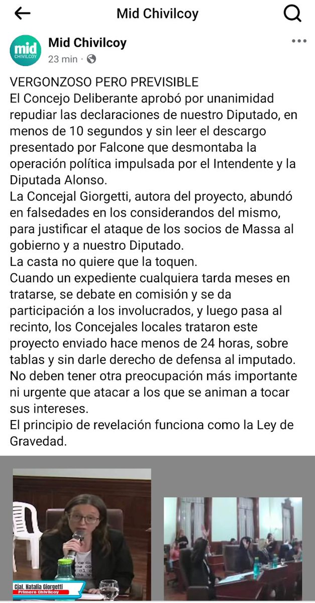El Concejo Deliberante de Chivilcoy trató en tiempo record un proyecto presentado ayer para repudiar mis declaraciones, un día después de apoyar el veto del Presidente <a href="/JMilei/">Javier Milei</a> Sobre tablas y en 10 segundos. Sin leer mi descargo, de 3 páginas. Así funciona la casta. Todos socios.