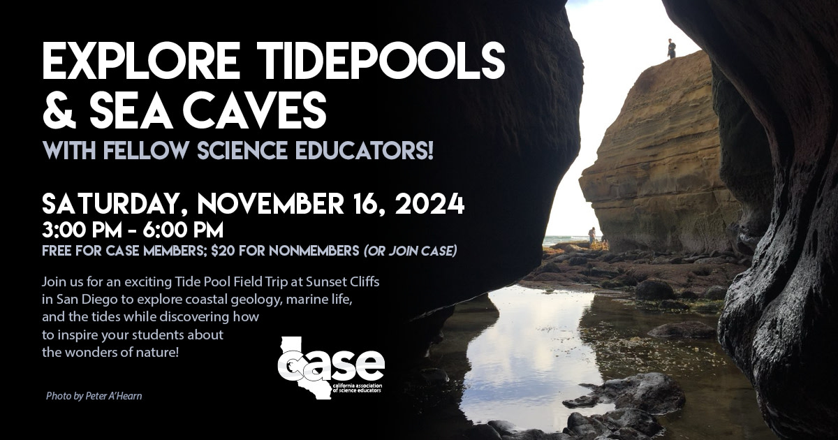 Explore tide pools &amp; sea caves at Sunset Cliffs in San Diego! Learn about coastal geology, marine life, &amp; outdoor science.
🗓️ Sat, Nov 16 | 3-6 PM 💵 Free for CASE Members | $20 for Nonmembers
More info online: cascience.org/conference/per…  #caseevents #TidePools #OutdoorScience