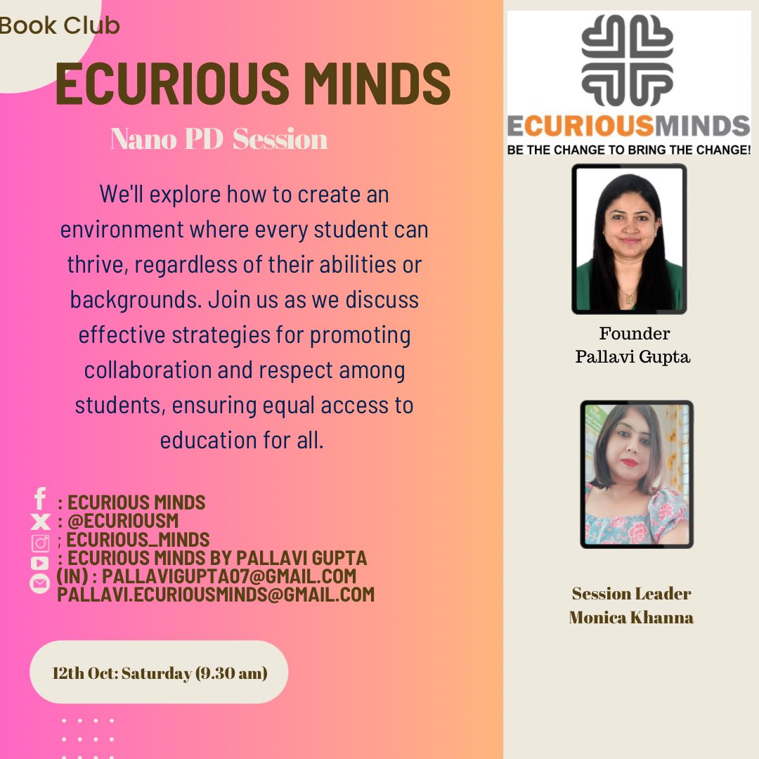 We come with another Nano PD on Learning Saturdays by Ecurious Minds. 

Inclusivity in classroom
Is what we’ll dive into with hands-on strategies for teachers!

Join #ecuriousminds global community today to BE THE CHANGE TO BRING THE CHANGE