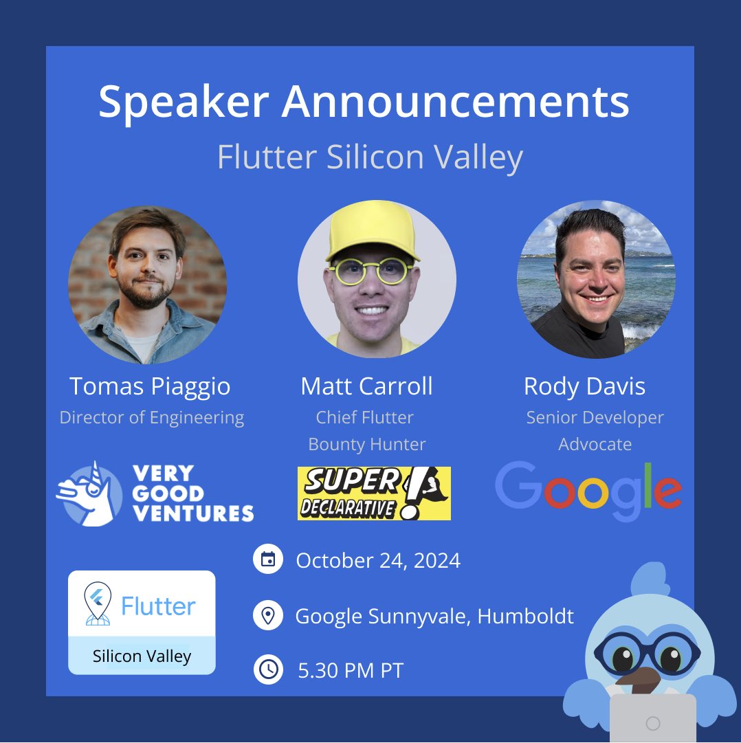 SVFlutter's tweet image. Excited to announce our awesome line up of speakers for our Fall edition.
If you are in the Bay, join us in a couple of weeks: meetup.com/flutter-silico… & tell your friends about it.
@TomasPiaggio @SuprDeclarative @rodydavis @VGVentures
