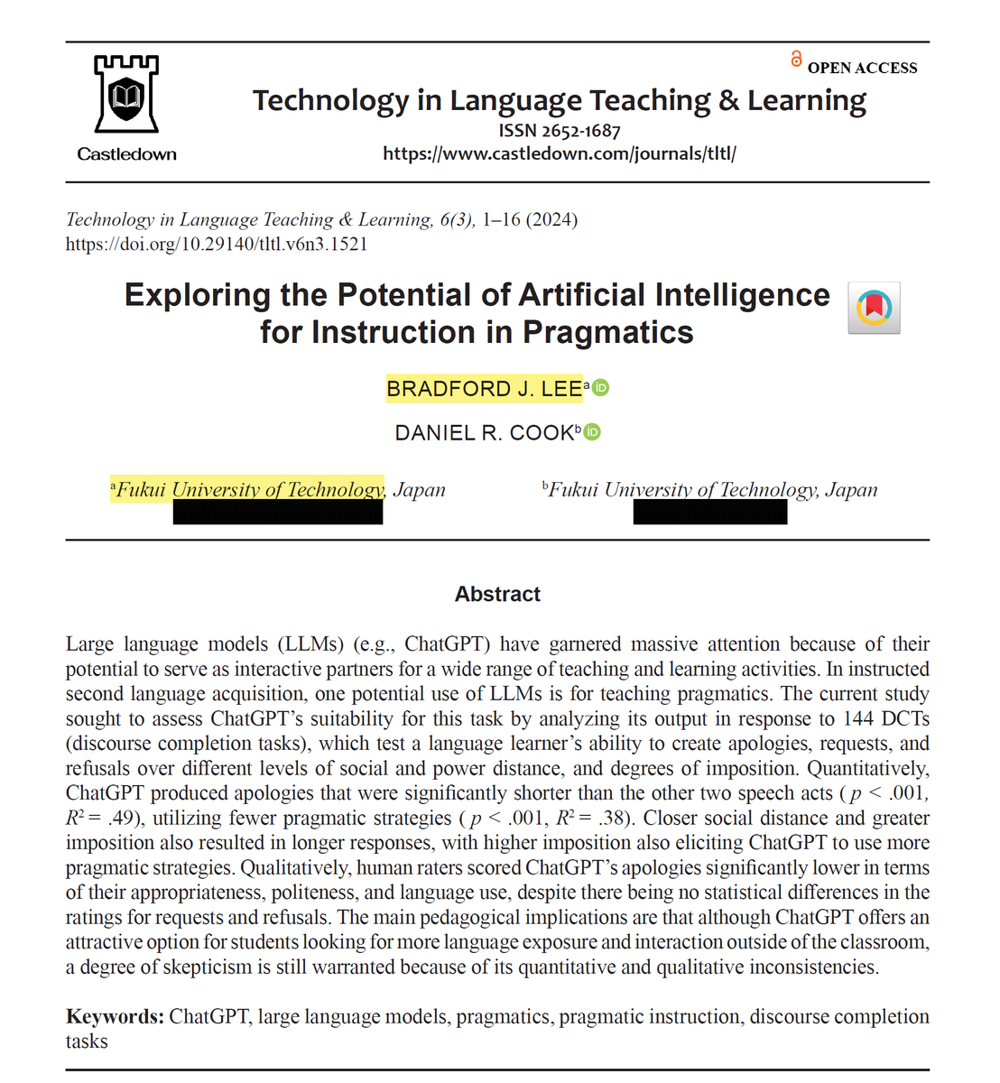 Announcing the publication of my latest research on AI with colleague Dan Cook - a linguistic analysis of ChatGPT's pragmatic competence. Free to view/download at doi.org/10.29140/tltl.… or search the journal's homepage via "TLTL journal".
