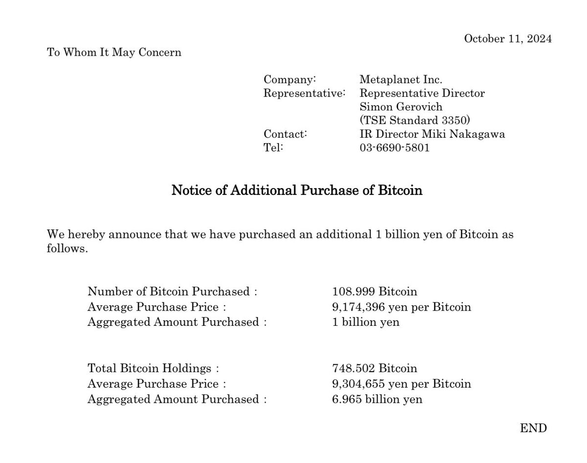 AhemigishaJ's tweet photo. 🇯🇵 Japanese Public company Metaplanet buys another ¥1 billion worth of #Bitcoin https://t.co/3ls6lszbCV