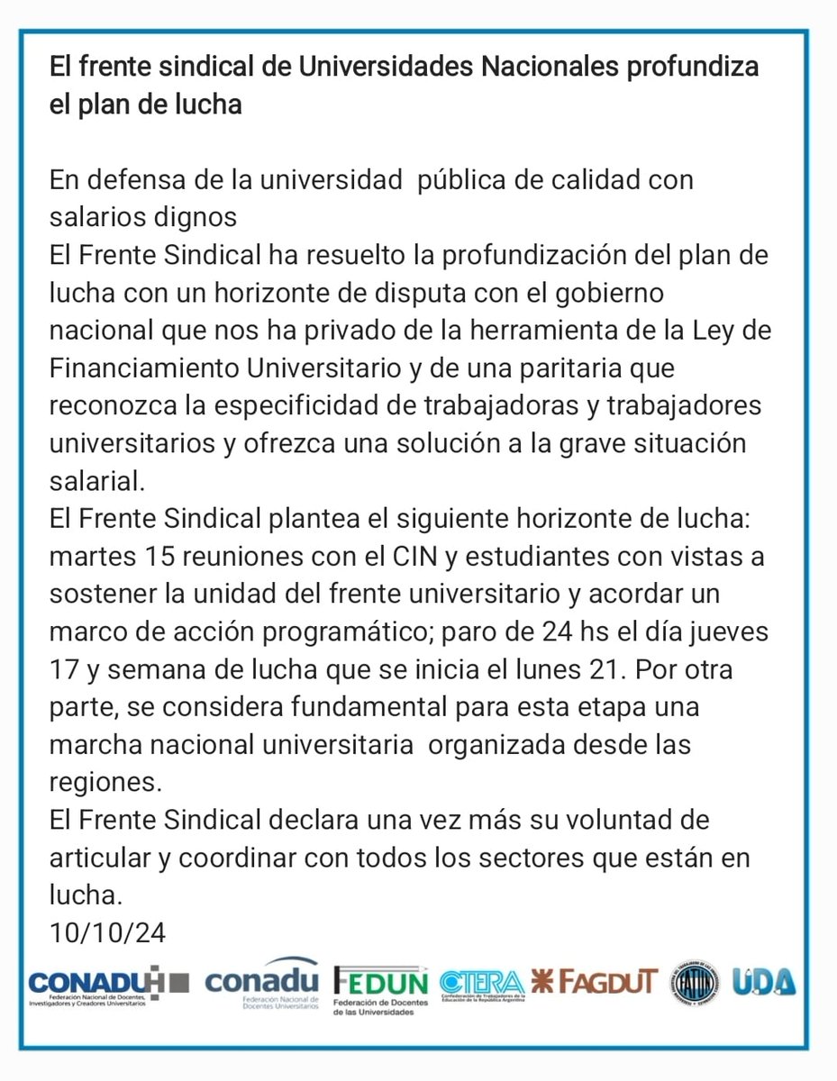 #UniversidadesNacionales #PlanDeLucha 

En defensa de la Universidad Pública de calidad con salarios dignos.

 El #FrenteSindical de Universidades Nacionales profundiza el Plan de Lucha con un horizonte en disputa con el gobierno nacional.

#CONADU #SomosLaUniversidadPublica