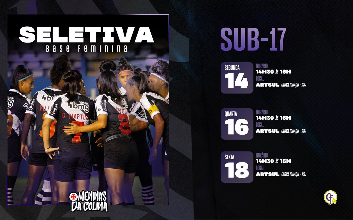 vasco_feminino's tweet photo. Vasco e CF4 realizarão seletivas para a formação da categoria Sub-17 feminina. ⚽️💢

As atividades acontecerão nos dias 14, 16 e 18 de outubro, das 14h30 às 16h, no Estádio Nivaldo Pereira, em Nova Iguaçu - RJ. A inscrição deverá ser realizada através do link: https://t.co/0qyWg6LTIj

➡️ Confira mais informações no Site Oficial.

#MeninasDaColina
#VascoDaGama