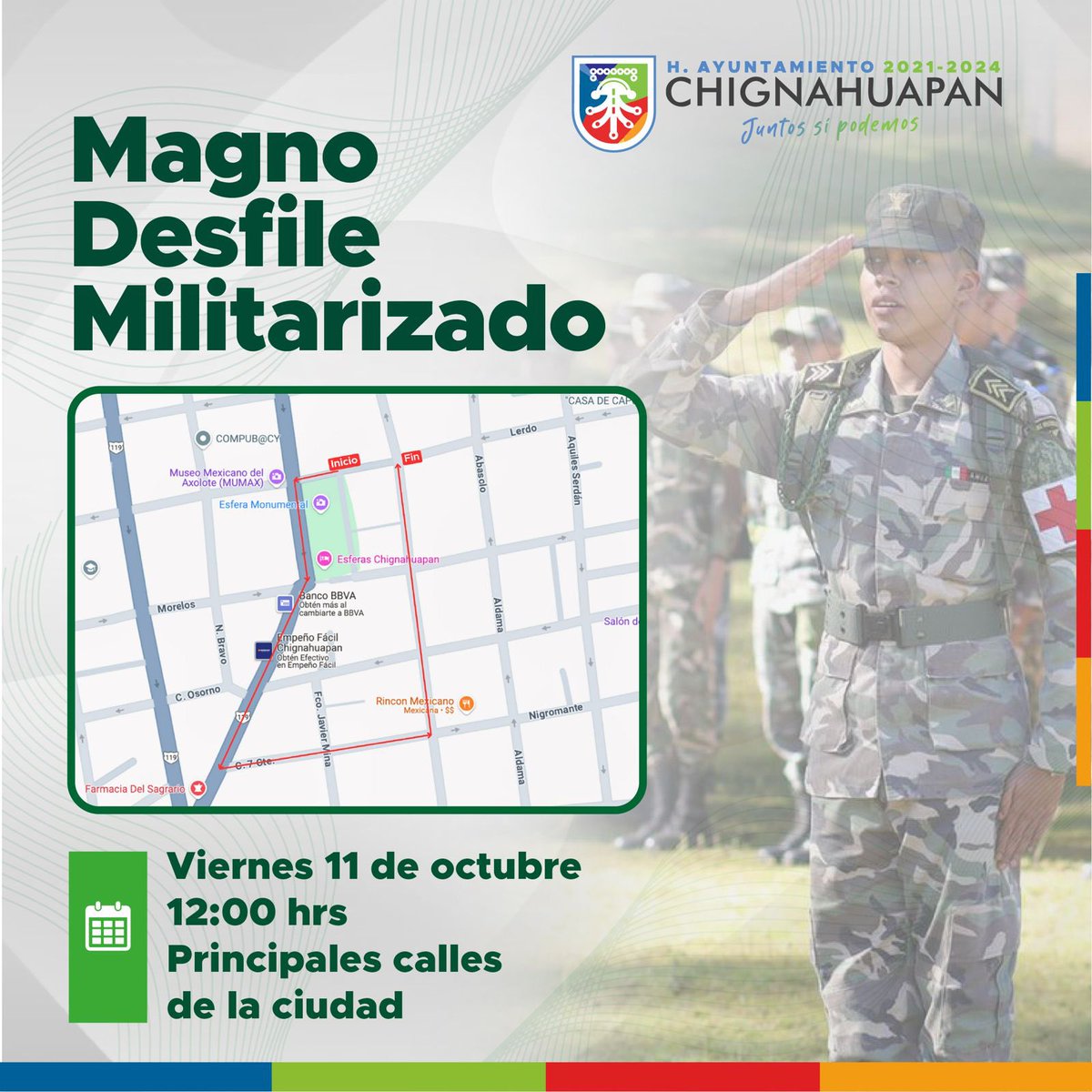 Te compartimos la ruta del Magno Desfile Militarizado por las principales calles del municipio. El cierre de calles para la realización de este evento será de 6:00 am a 1:00 pm. 🪖
¡Asiste con tu familia! 
🗓️ Viernes 11 de octubre.
⏰ 12:00 hrs.