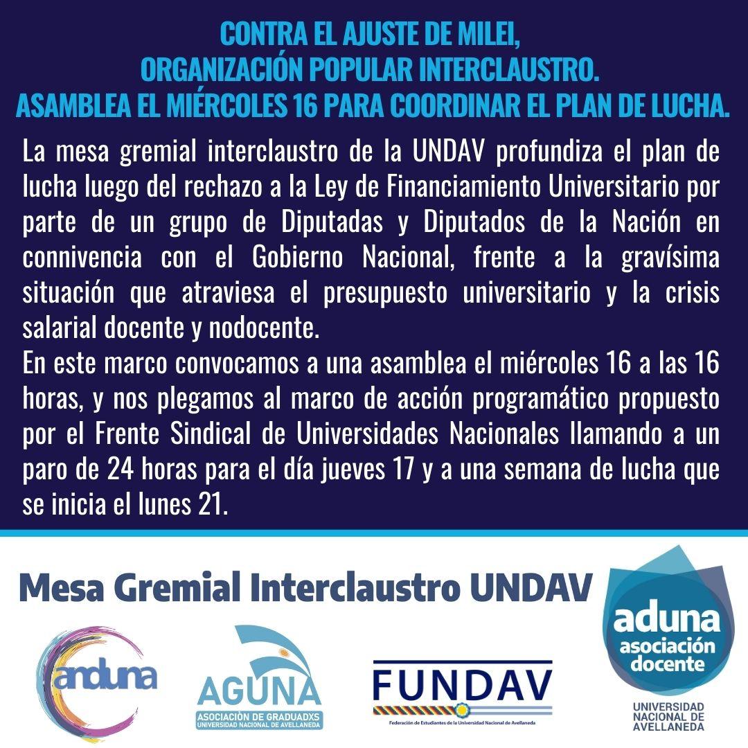 CONTRA EL AJUSTE DE MILEI.
ORGANIZACIÓN POPULAR INTERCLAUSTRO #UNDAV
