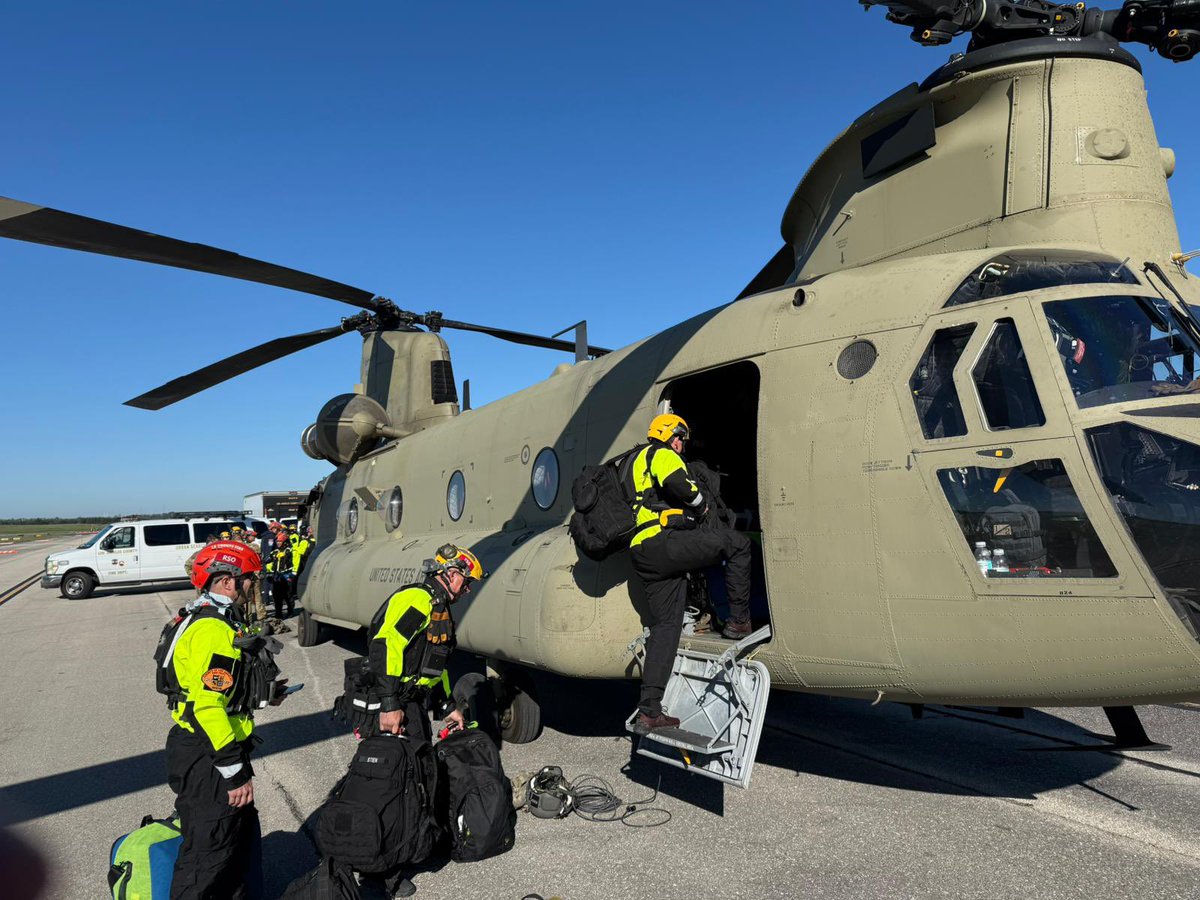 LACOFD's tweet photo. #LACoFD CA-TF2 has been assigned to the Air Ops Branch of TC Milton, managed under the FEMA Red Incident Support Team.

CA-TF2 members departed via 2 CH-47 airships at first light today.

Members are now in the Sarasota, FL area to recon the damage &amp; initiate search &amp; rescue ops. https://t.co/zcRchUGmAQ