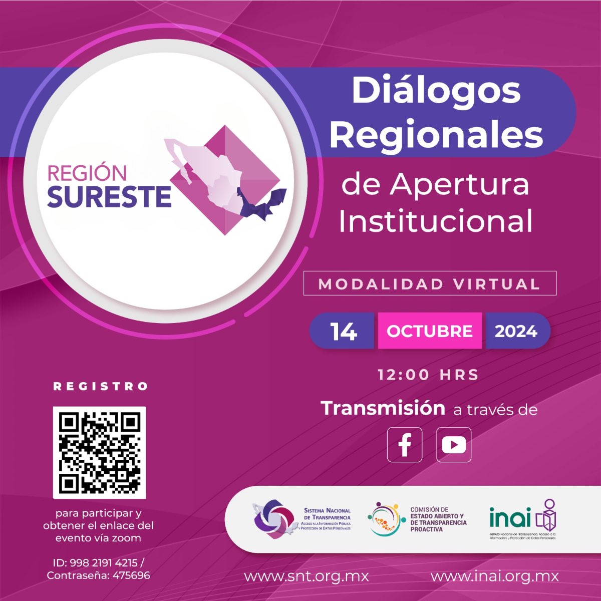 ℹ️ #Notelopierdas

Diálogos Regionales de Apertura Institucional. 
📆 Lunes 14 oct
🕣 12:00 horas

#Envivo por las redes sociales del <a href="/INAImexico/">INAI</a>