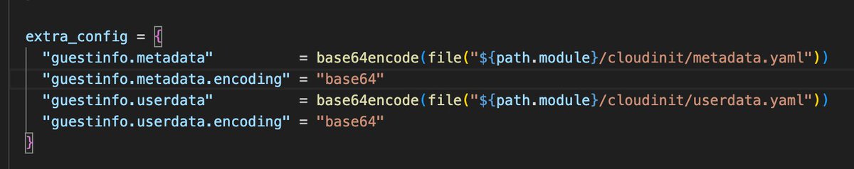 I'm trying to deploy a VM on vSphere with #Terraform and with a cloud-init script (user-data). It doesn't seem the user-data is applied at all, but I can't figure out why. 🤔 Any pointer? Or maybe working examples? #vExpert #VMware