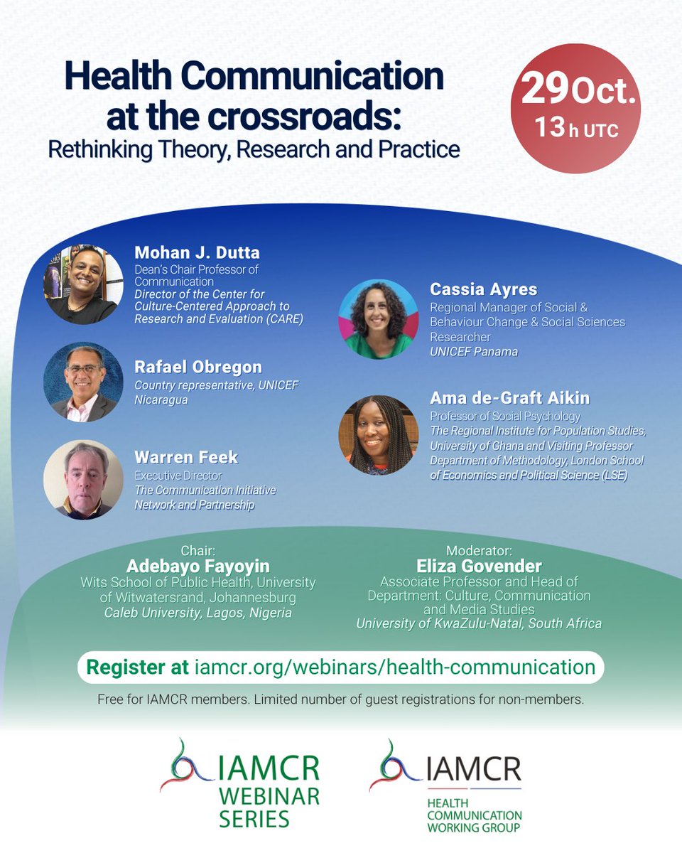 If you’re passionate about health communication, join us on 29 Oct at 13:00 UTC for the <a href="/IAMCRtweets/">IAMCR</a> webinar, Health Communication at the Crossroads. Hear from incredible scholars!