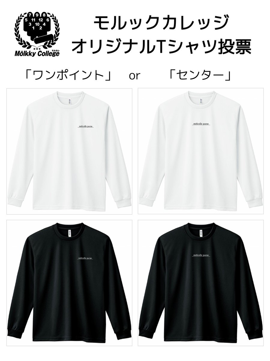 グッズ第1弾制作決定🔰

/／
📢モルカレオリジナルTシャツ投票！
\＼

アカウントフォローの上、以下2点を入れて引用リポストいただた方の中から抽選で「白T」「黒T」1名様ずつ(計2名様)にプレゼント🎁

①「ワンポイント」or「センター」
② #モルックカレッジ

※期限は2024/10/12（金） 12:00まで