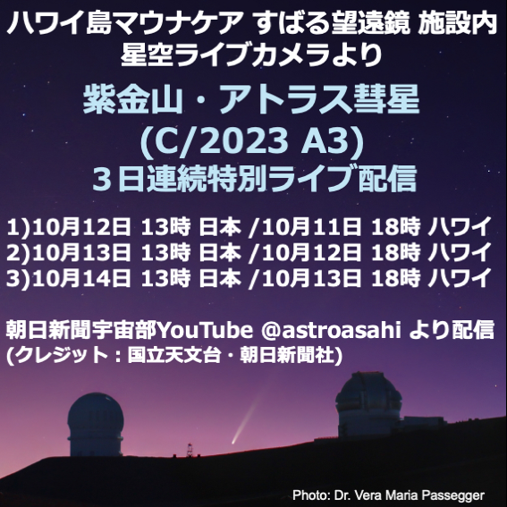 SubaruTelescope's tweet photo. 【連続ライブ配信】紫金山・アトラス彗星 (C/2023 A3) の地球最接近に伴い、日本時間10/12(土)より3日間、ハワイ島マウナケアの #すばる望遠鏡 施設に設置された #星空ライブカメラ から✨️ライブ配信✨️いたします！
 朝日新聞宇宙部YouTubeよりご覧ください！
10/12配信：https://t.co/THRhiuZD3Y https://t.co/PIzgbIrV3K