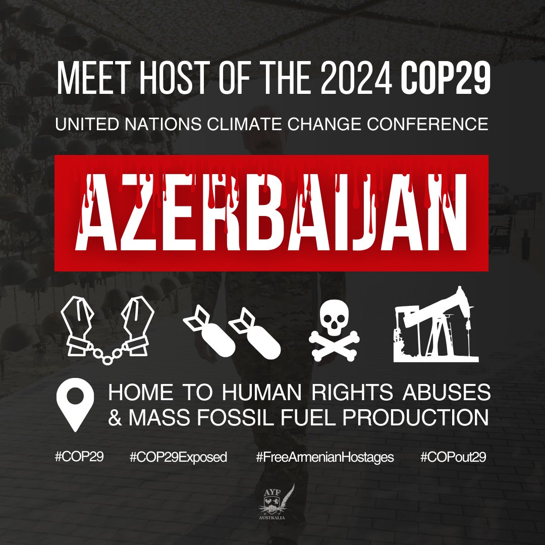 Azerbaijan is using #COP29 to greenwash its authoritarian regime and cover up widespread human rights abuses, including ethnic cleansing and war crimes against Armenians in Artsakh.

#COP29Exposed #COPout29 #FreeArmenianHostages #StopGreenwashingGenocide