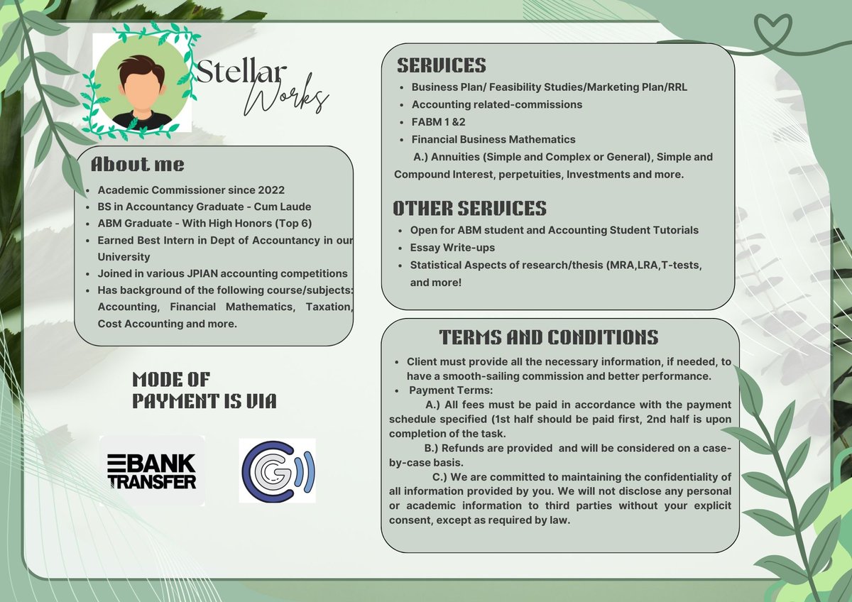Hi, CommsX! Now Accepts Accounting Commissions!!! Legit Accounting commissioner here! 
Caters the ff. 
📚Accounting Cycle  
📚Financial Statements 
📚Business Plan, feasib study
📚FS analysis 
📚Annuities worksheet 
📚FABM 1$2
📚Investment Math
📚far afar cost
Pls send me a dm!
