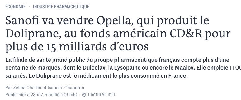 MaximCombes's tweet photo. Résumons : 
➡️En 10 ans, Sanofi a reçu plus d’un milliard d'euros d’aides publiques (CIR etc)
➡️Pénurie de paracétamol pendant la pandémie
➡️18 Juin 2020 - E. Macron : "La France doit relocaliser la production du paracétamol"
➡️Oct. 2024 : Sanofi vend Doliprane à un fonds US ⤵️ https://t.co/MzNGFlYLpa
