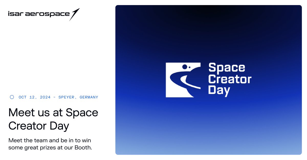 Are you joining <a href="/spacecreatorday/">Space Creator Day</a>, the European space community’s largest Meet &amp; Greet event tomorrow in Speyer, Germany? Then don’t miss your chance to meet the <a href="/isaraerospace/">Isar Aerospace</a> team and and be in to win some of our really cool merchandise!

#fromisartospace #TeamSpace