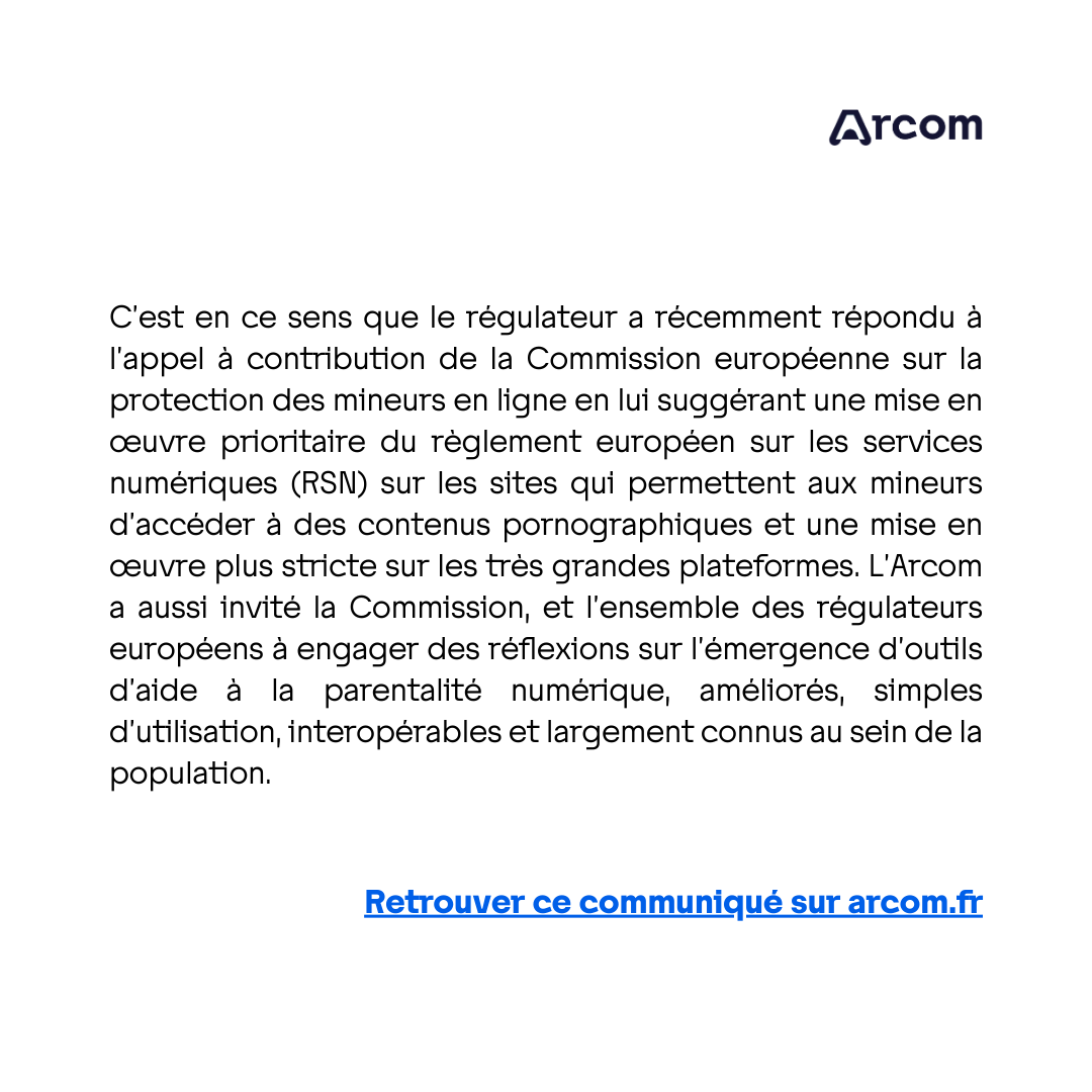 Arcom_fr's tweet photo. 🔈 #InternetPlusSûr | Accès des mineurs aux contenus pornographiques : l’Arcom publie son référentiel 🔽

Le communiqué de presse : https://t.co/Rg2y8xuerM